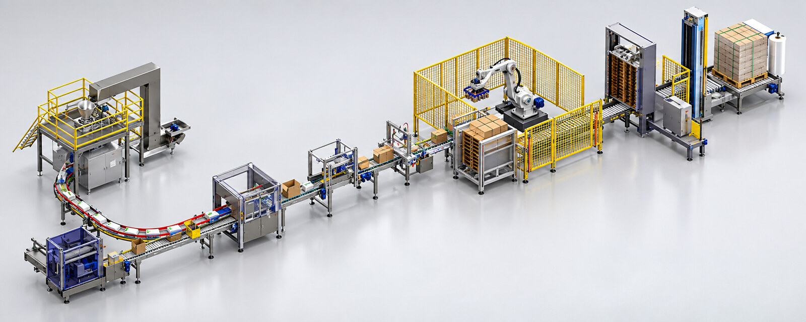 Hệ thống đóng gói và đóng thùng carton và xếp pallet tự động cho sản phẩm