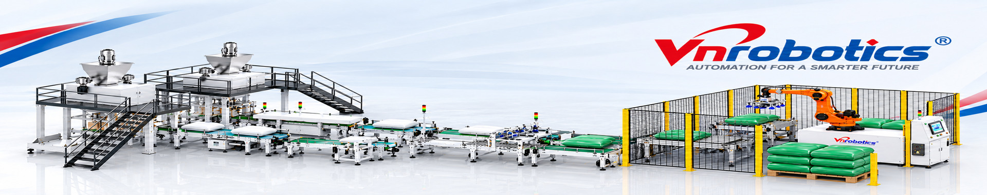 Dây chuyền đóng bao, băng tải và robot xếp bao lên pallet VnRobotics